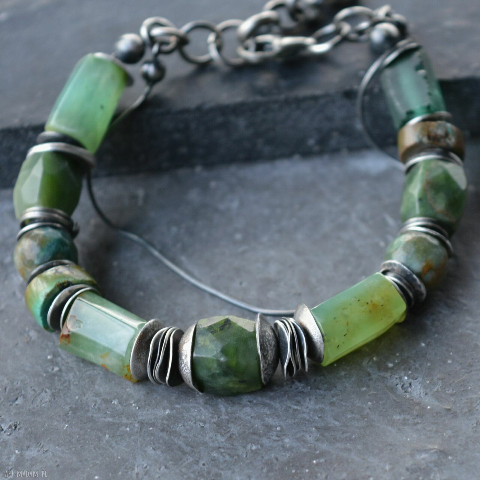 Srebrna bransoletka handmade z chryzoprazem, nefrytem i epidotem - srebro 925 oksydowane