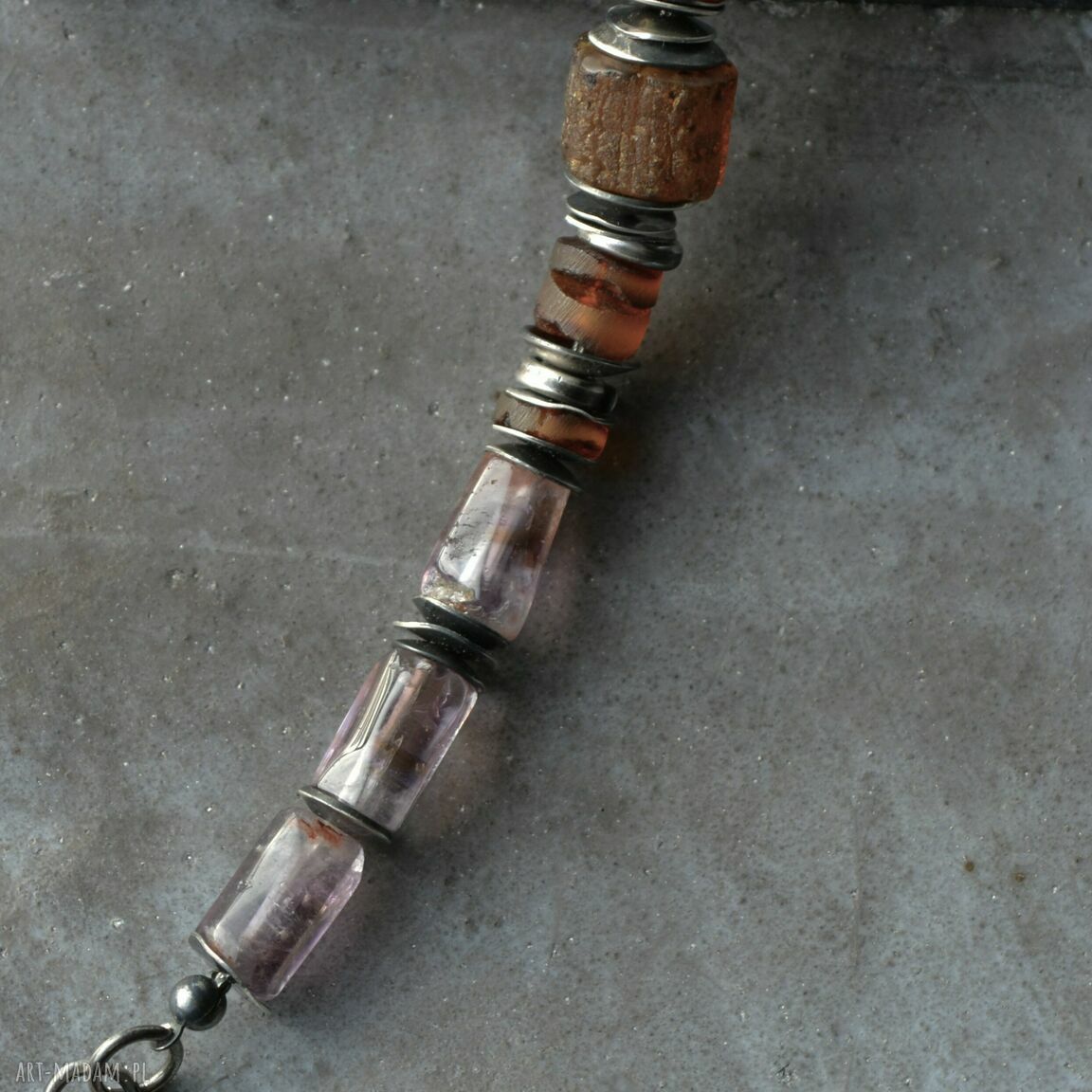 Srebrna bransoletka 925 z surowym bursztynem i ametystem - handmade