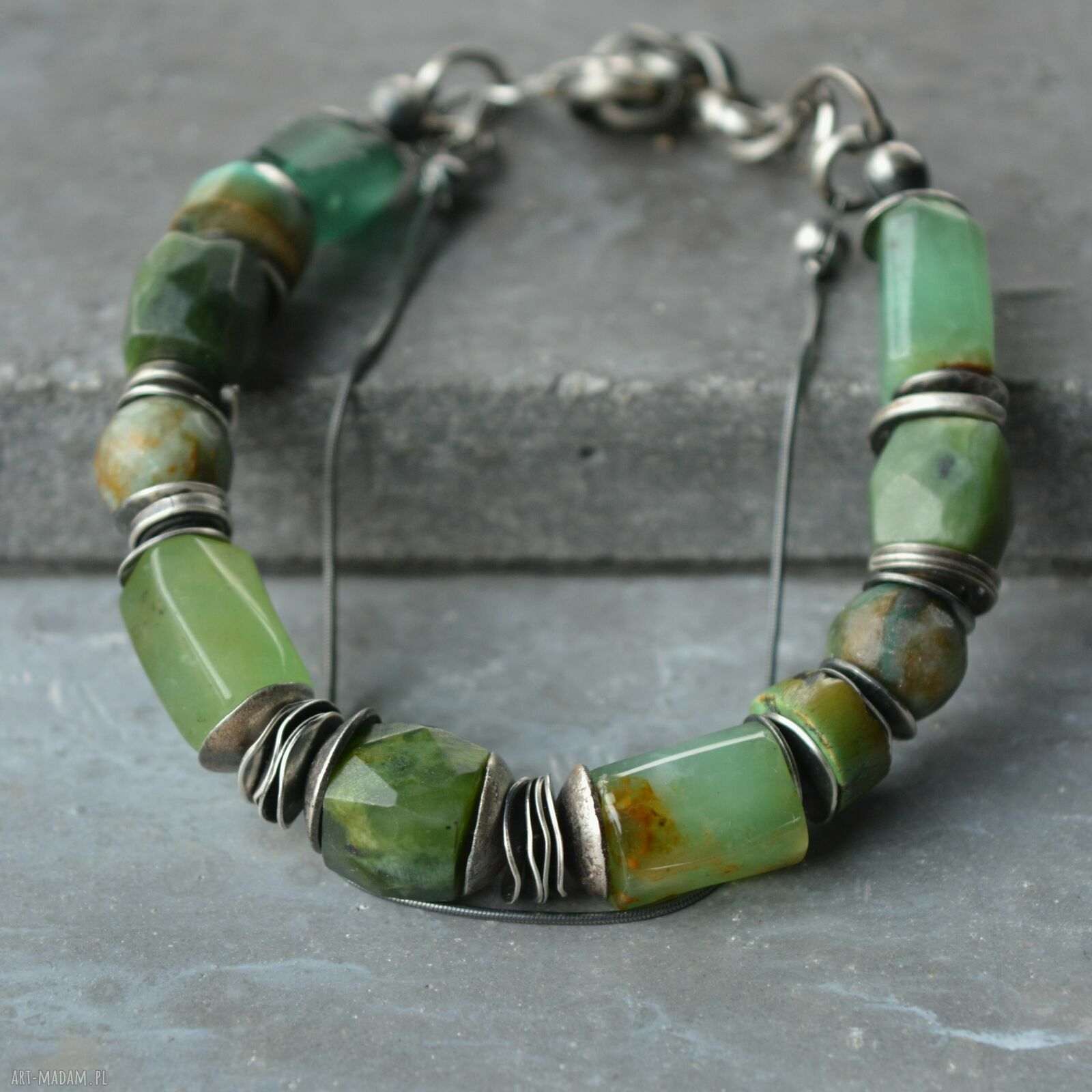 Srebrna bransoletka handmade z chryzoprazem, nefrytem i epidotem - srebro 925 oksydowane
