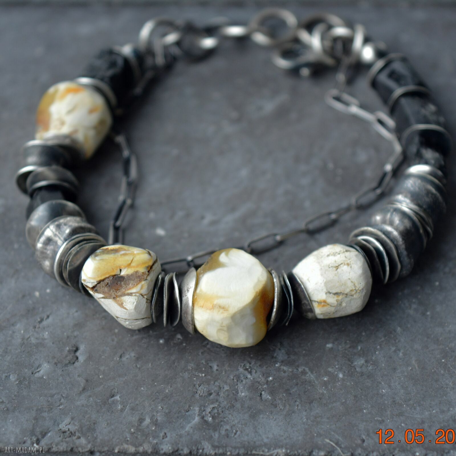 Srebrna bransoletka z bursztynem i turmalinem - handmade