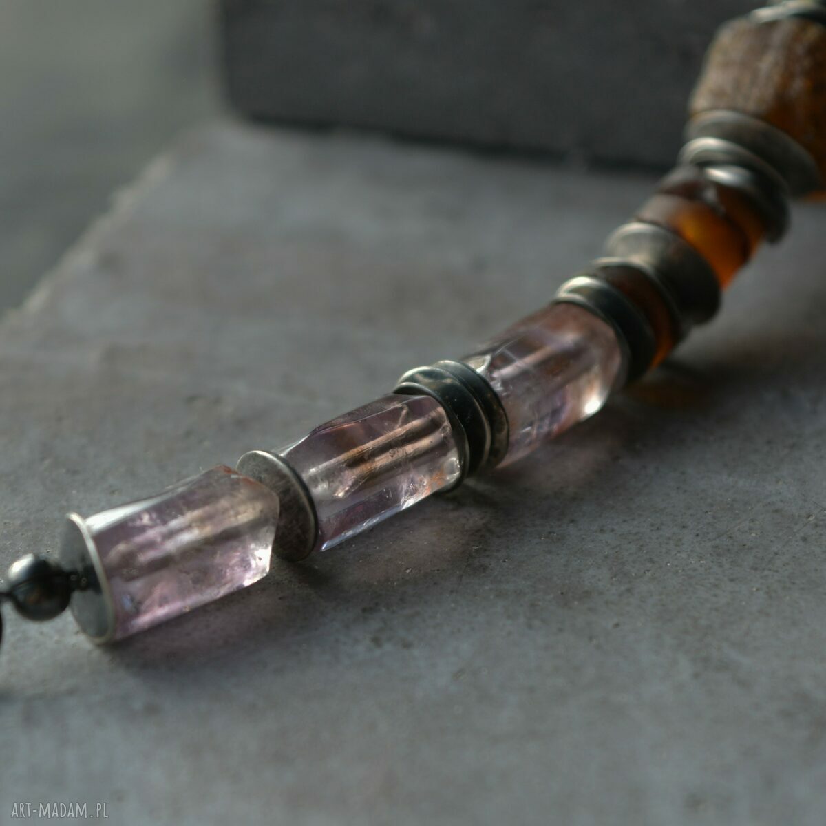 Srebrna bransoletka 925 z surowym bursztynem i ametystem - handmade