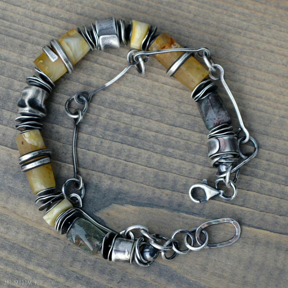 Srebrna bransoletka z surowym bursztynem - srebro oksydowane handmade