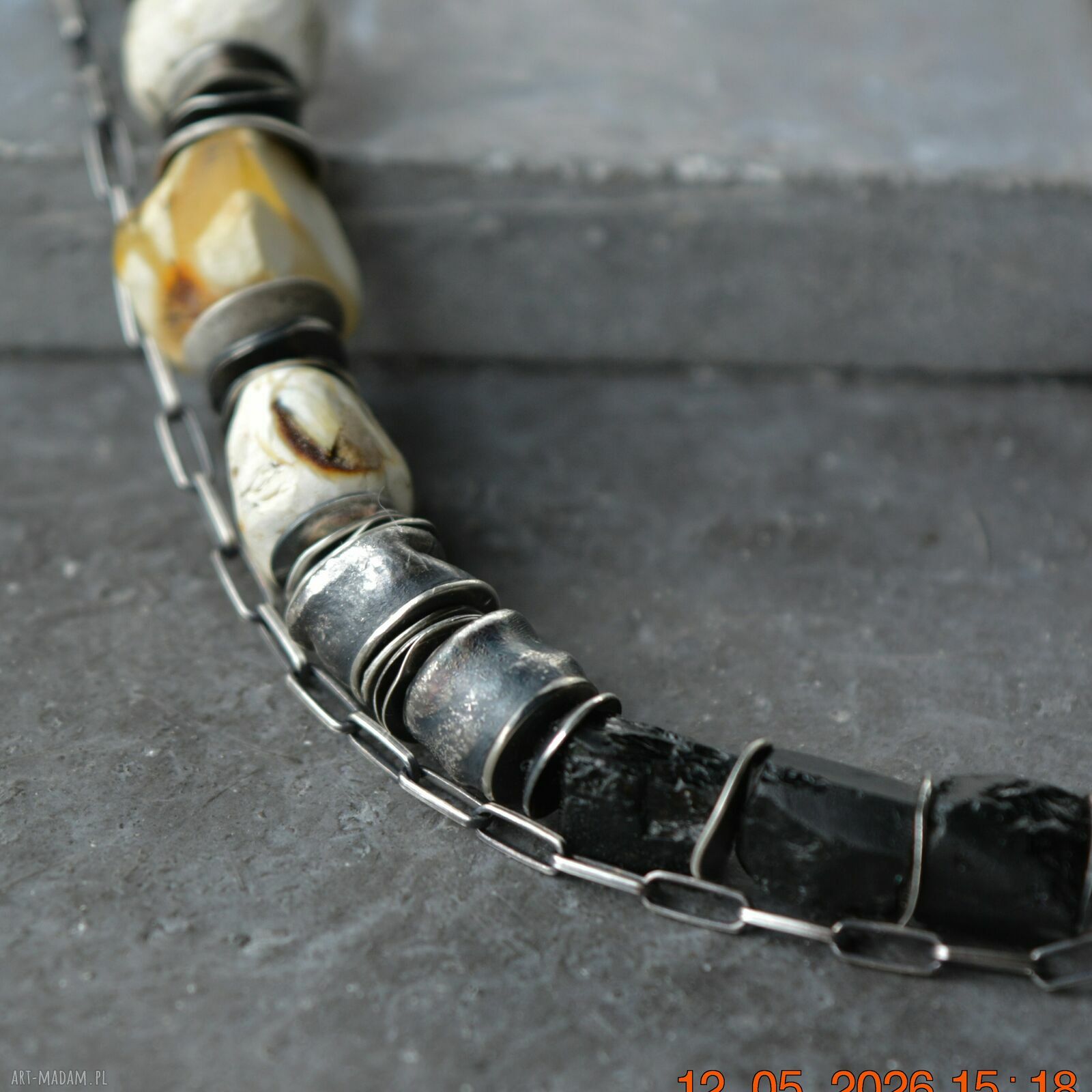 Srebrna bransoletka z bursztynem i turmalinem - handmade