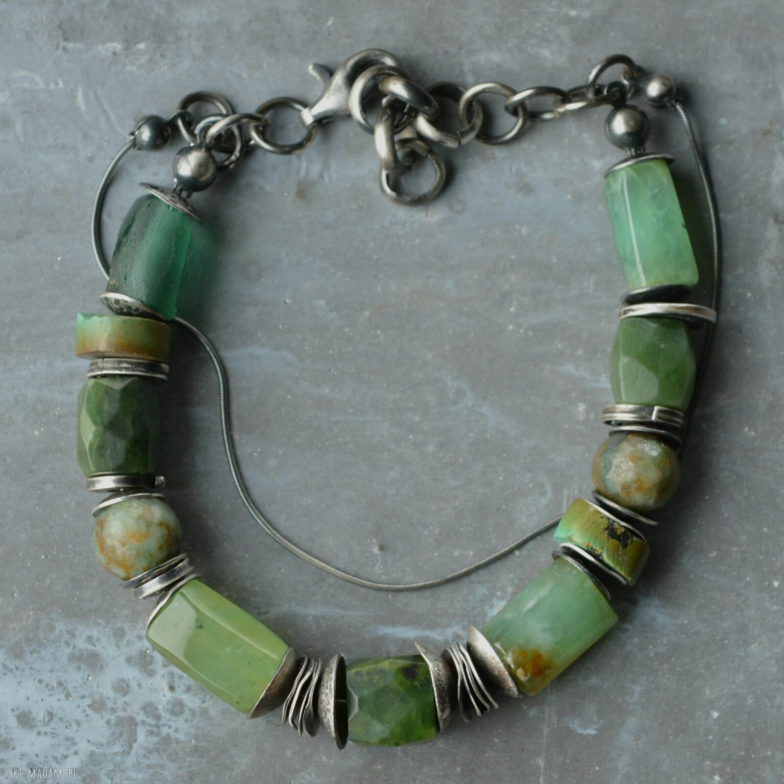 Srebrna bransoletka handmade z chryzoprazem, nefrytem i epidotem - srebro 925 oksydowane