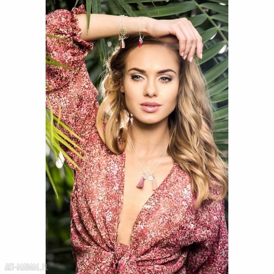 bransoletki: SREBRNA BRANSOLETKA Z ROZETKĄ ZDOBIONA CHWOSTEM W KOLORZE FUKSJI Ręcznie