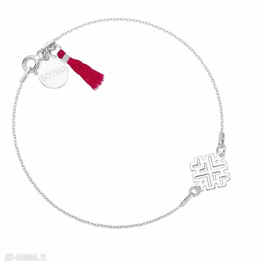 Srebrna bransoletka rozetkĄ zdobiona chwostem kolorze fuksji