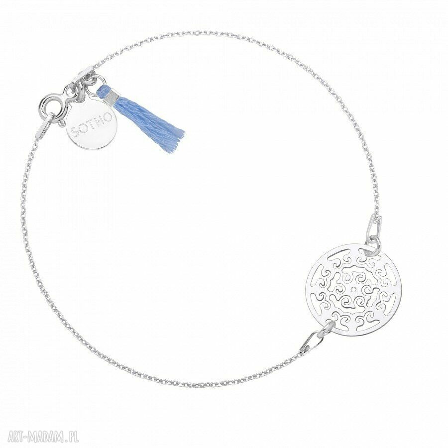 Srebrna bransoletka rozetkĄ zdobiona niebieskim chwostem rozeta