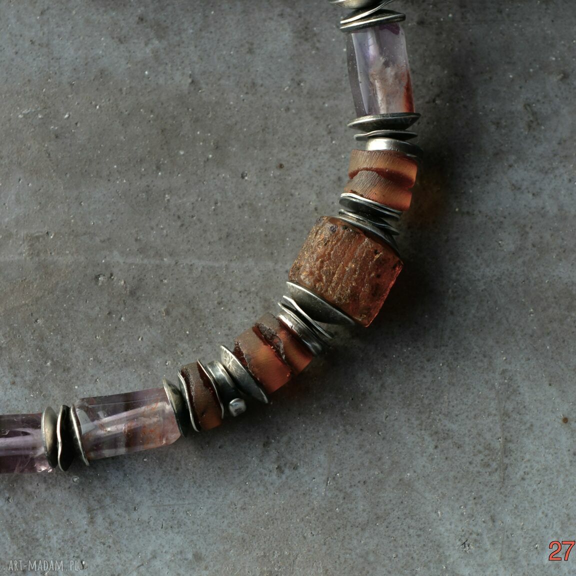 Srebrna bransoletka 925 z surowym bursztynem i ametystem - handmade