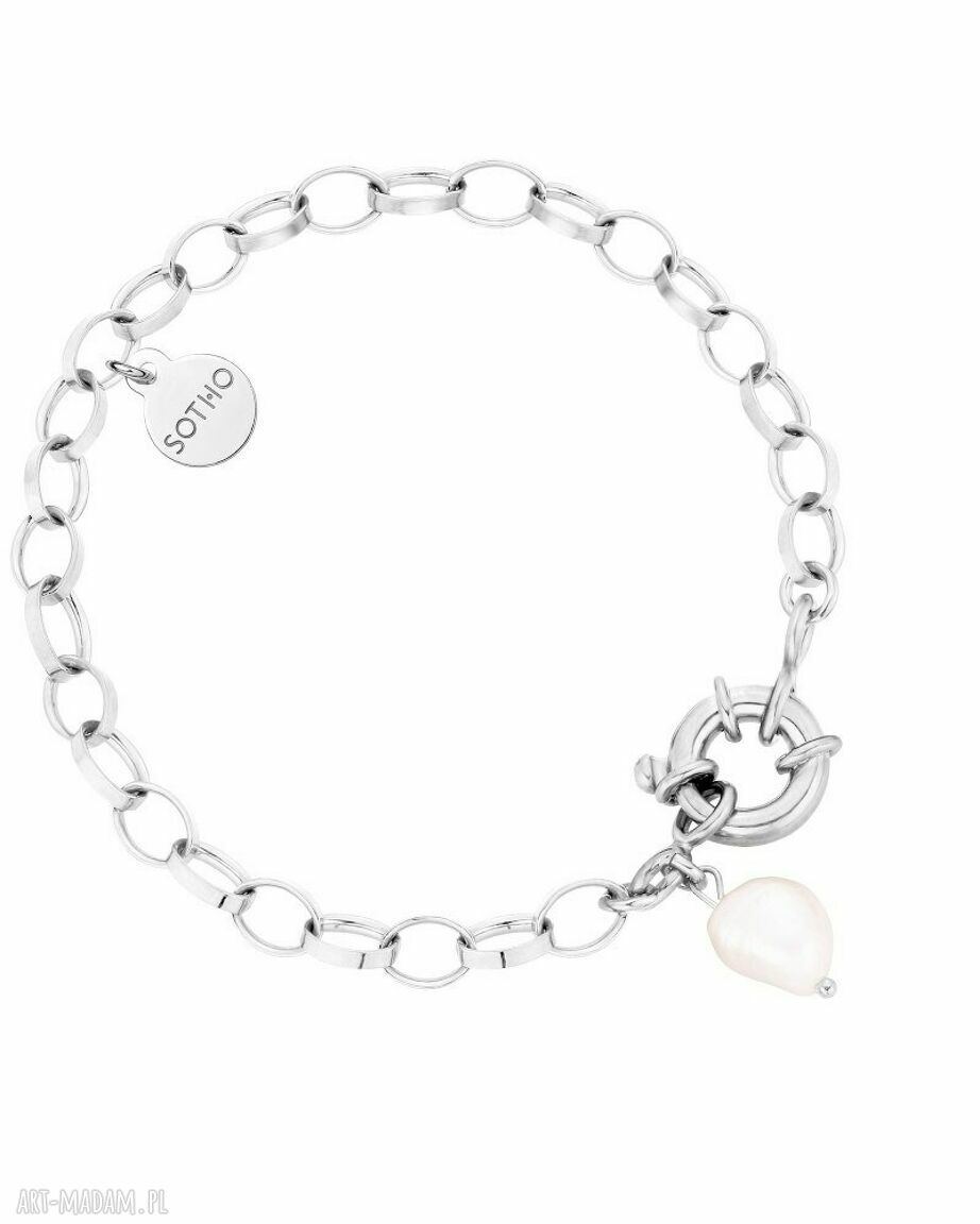 Srebrna masywna bransoletka ozdobnym zapięciem naturalną perłą