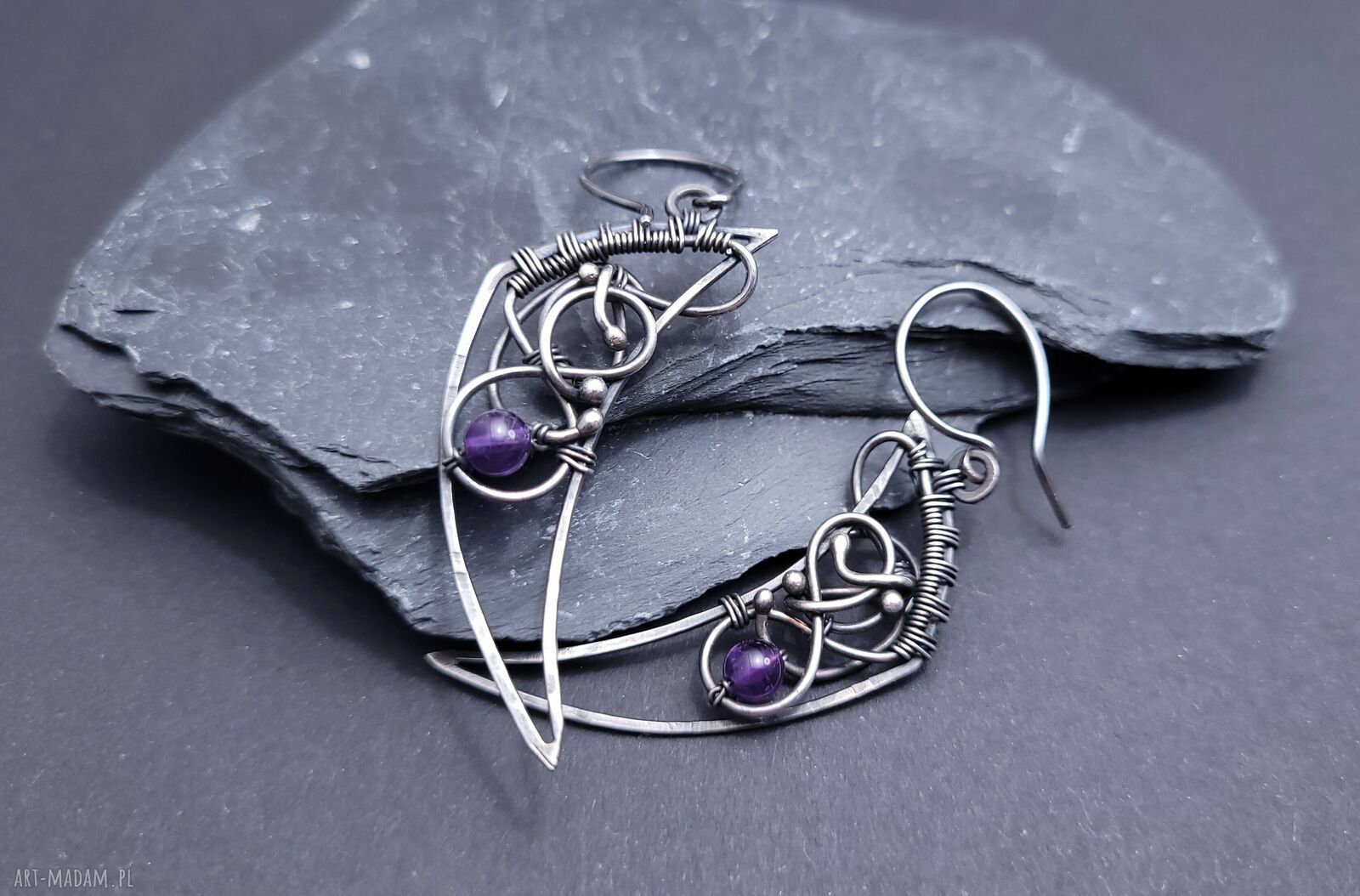 Srebrne kolczyki z ametystem - wire wrapping ze srebra 925 - ręcznie robione