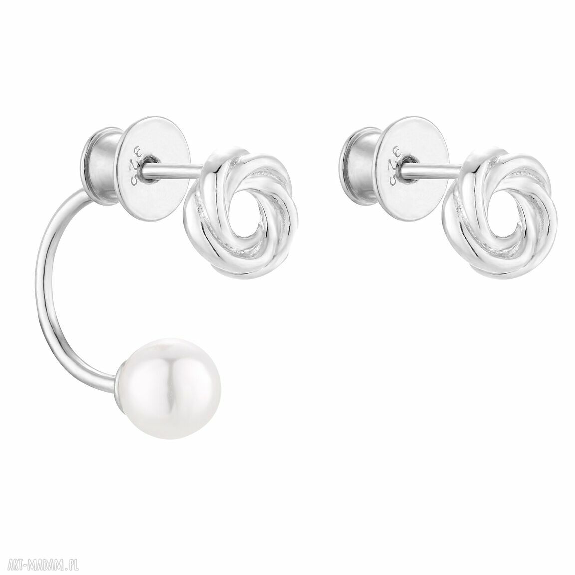 Srebrne asymetryczne kolczyki węzełki z perłami Swarovski Crystal