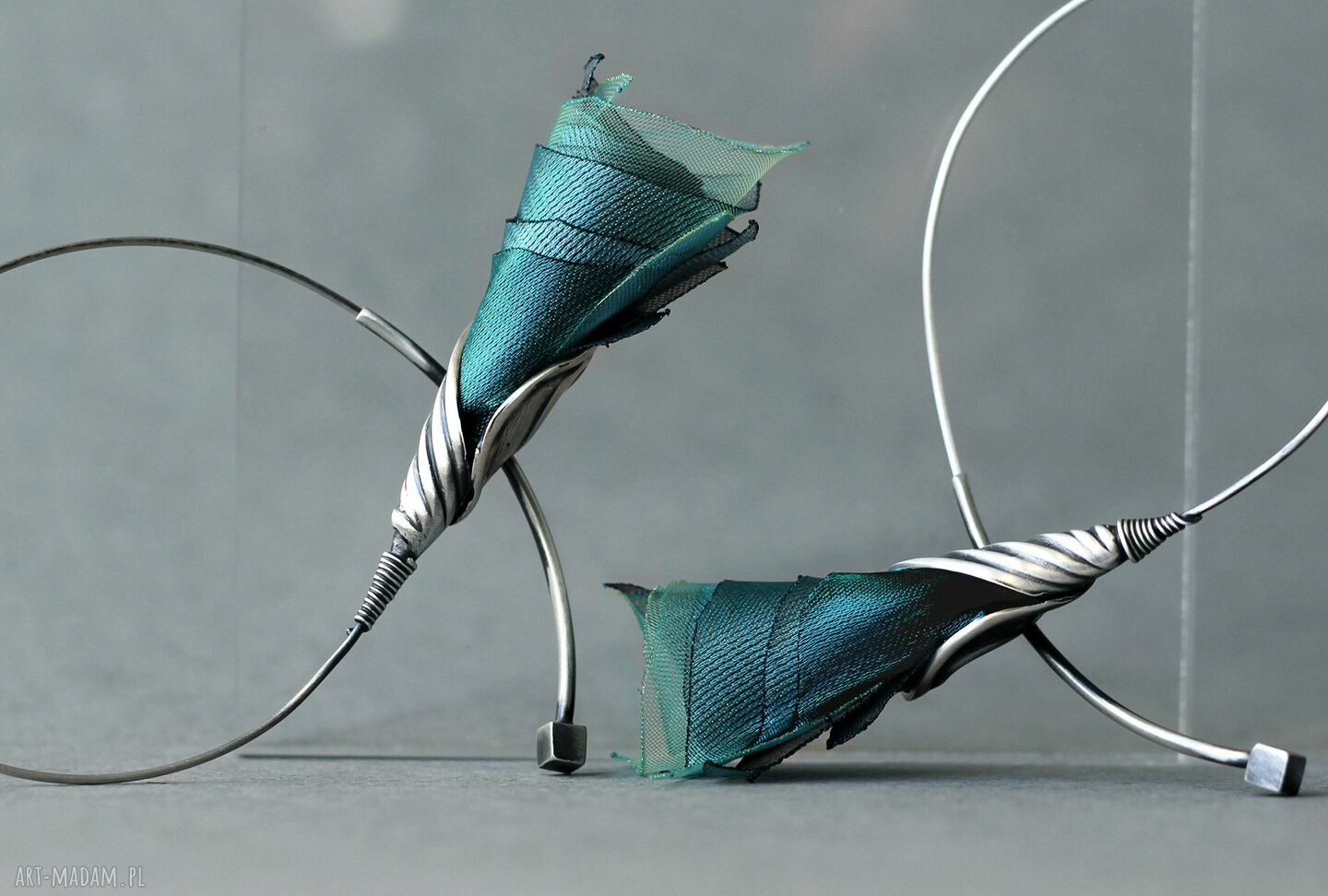 Srebrne kolczyki koła teal green - oksydowane 925 i organza jedwabna
