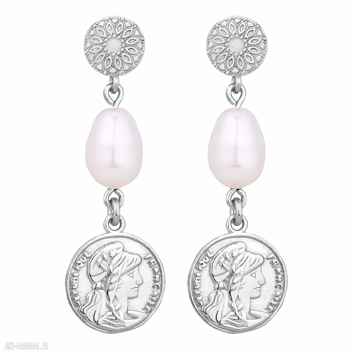 Srebrne długie kolczyki monetami perłami swarovski® crystal perła