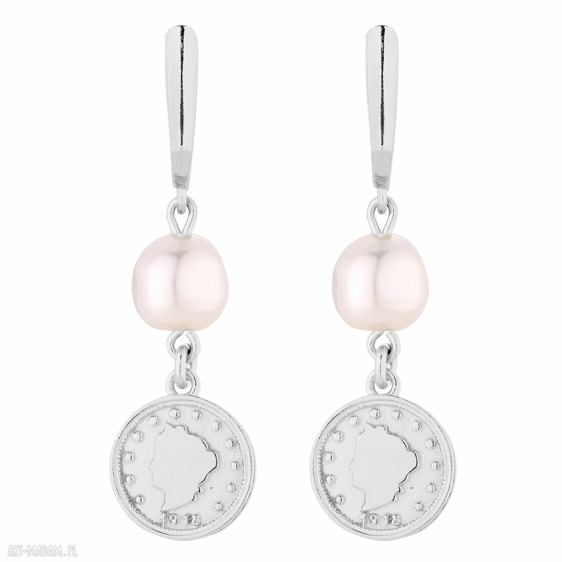 Srebrne długie kolczyki monetami perłami swarovski® crystal
