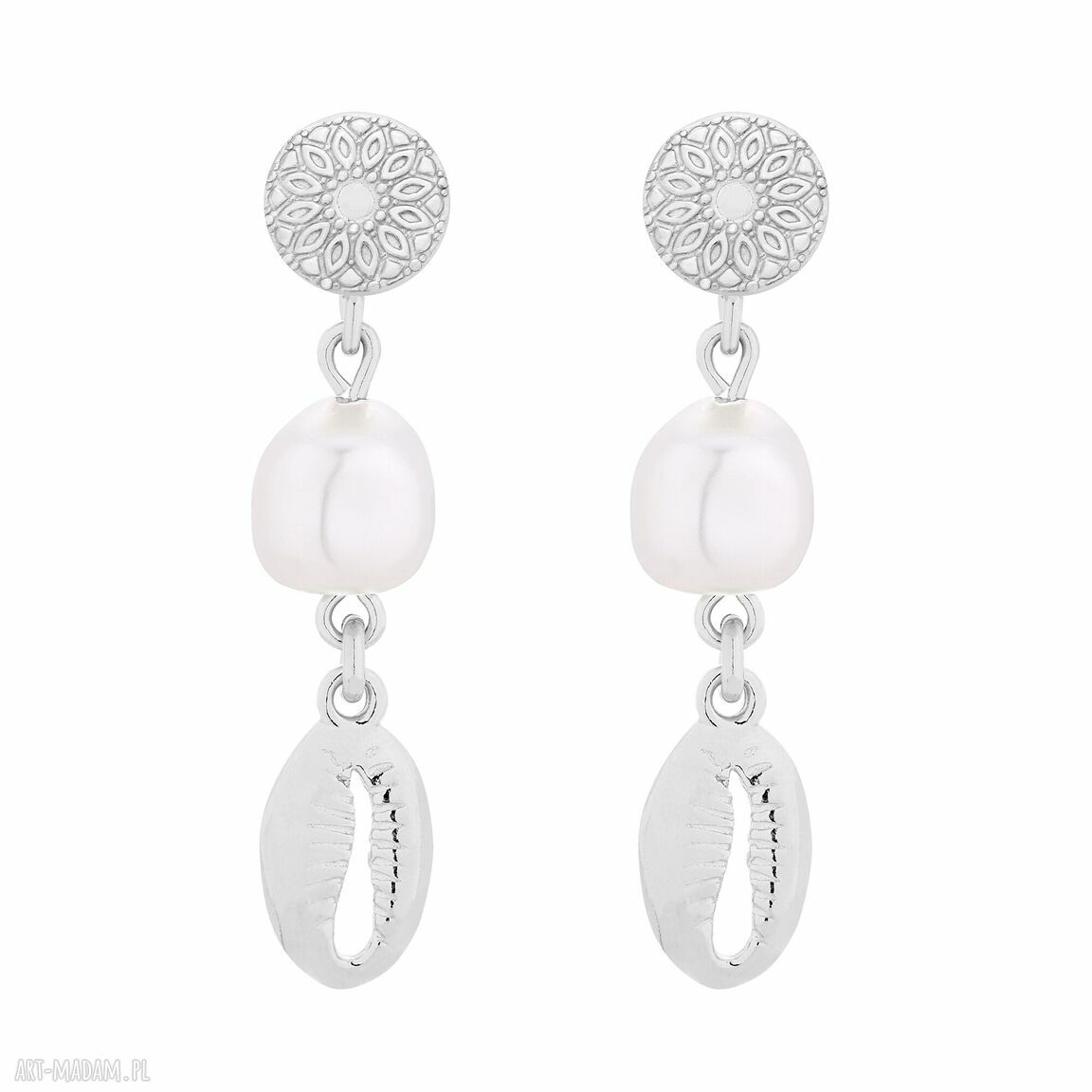 Srebrne długie kolczyki muszelkami perłami swarovski® crystal