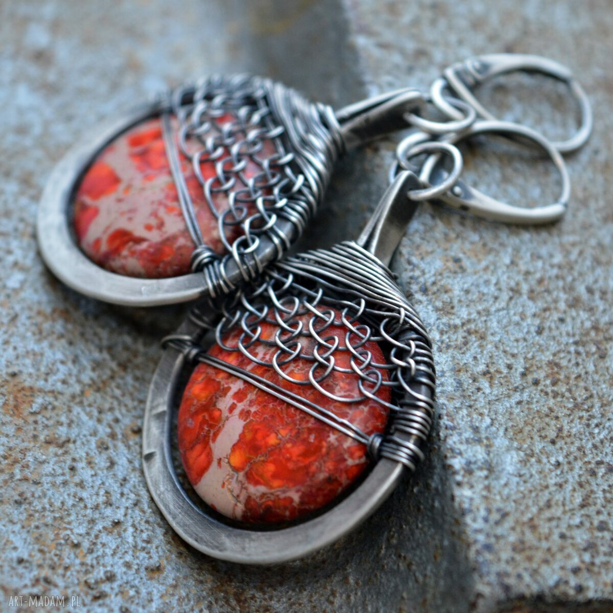 Srebrne kolczyki z jaspisem królewskim - oksydowane, ręcznie robione wire wrapping