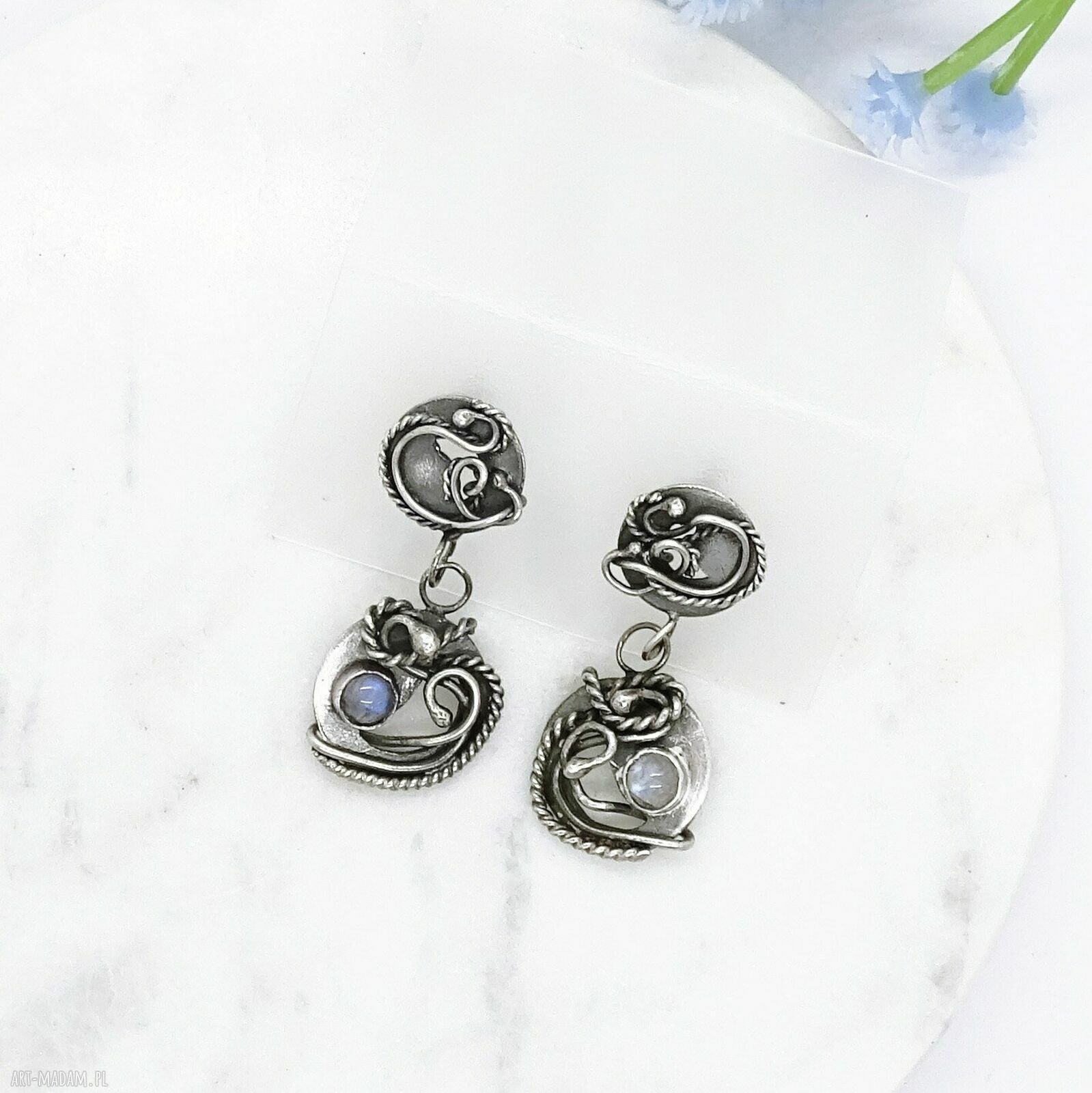 Srebrne kolczyki z labradorytem Lunar Amulets (925) - LadyC - ręcznie plecione boho