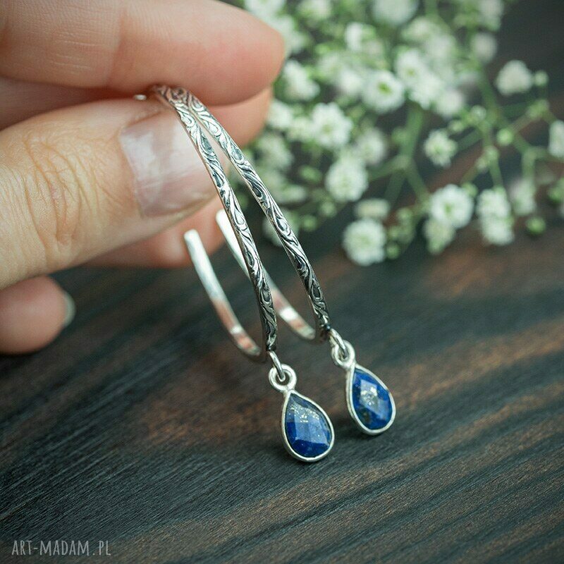 Srebrne kolczyki koła z lapis lazuli - boho sztyfty 925
