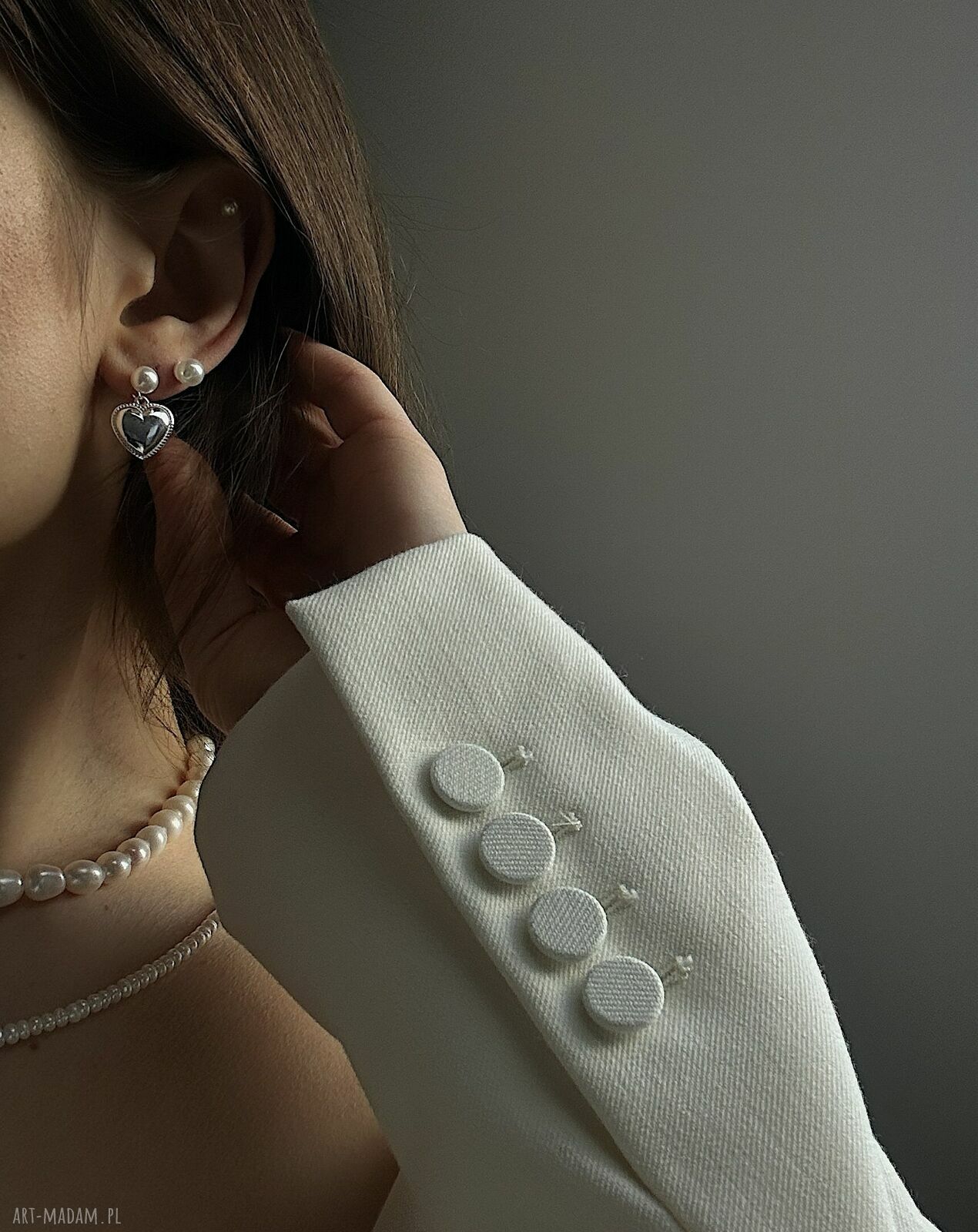 kolczyki: Srebrne kolczyki perły z sercami Hand Made