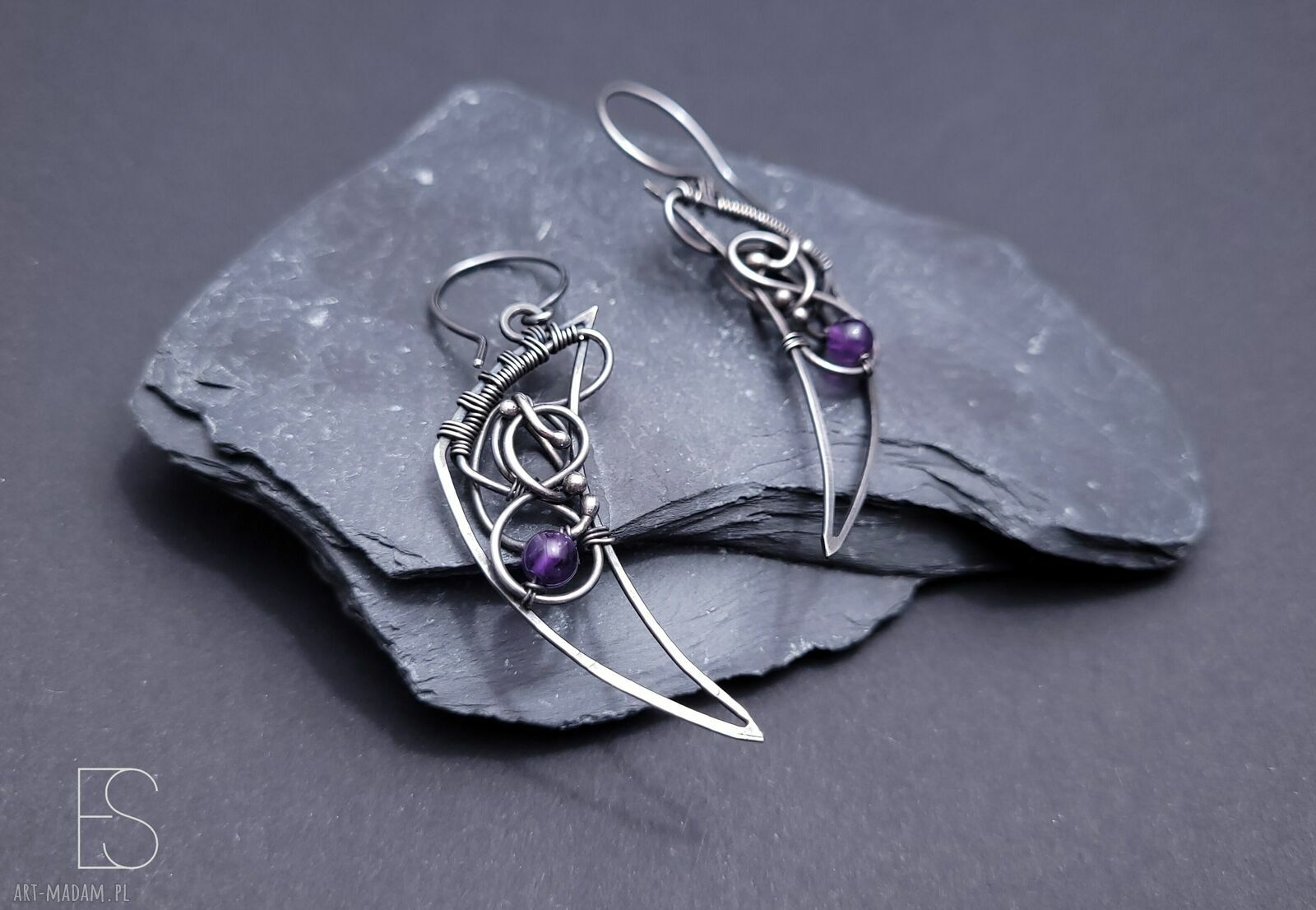 Srebrne kolczyki z ametystem - wire wrapping ze srebra 925 - ręcznie robione