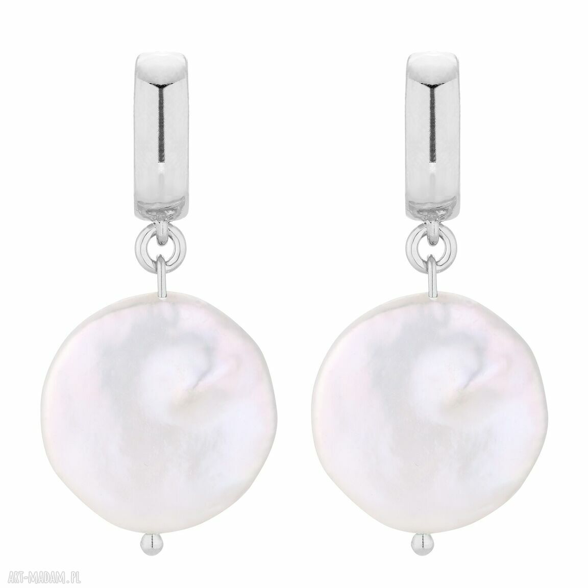Srebrne kolczyki dużymi płaskimi perłami perły bigle duże płaskie