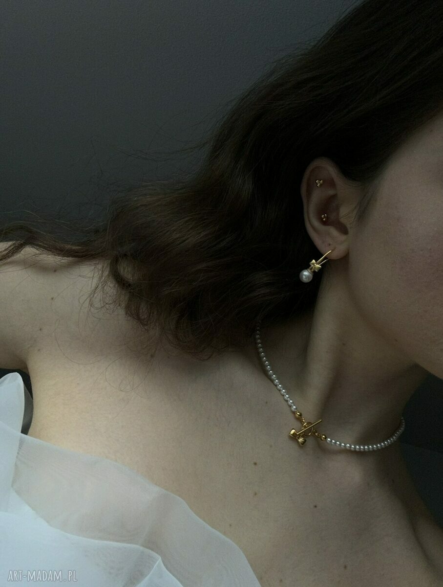 Srebrne kolczyki z kokardkami i perłami Swarovski ręcznie robione