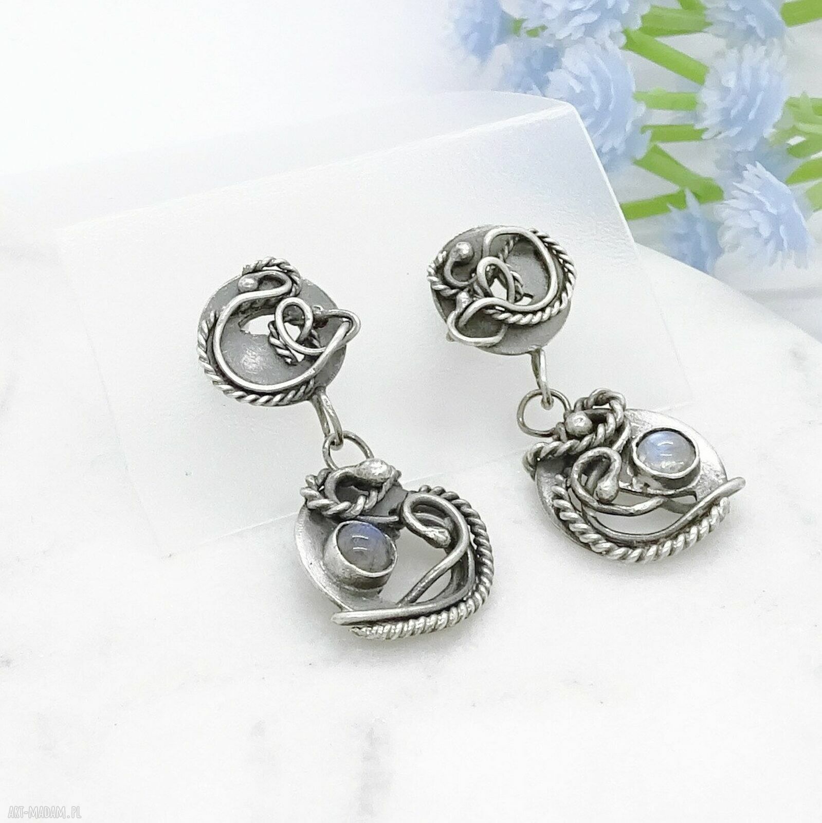 Srebrne kolczyki z labradorytem Lunar Amulets 925 - LadyC - ręcznie plecione boho