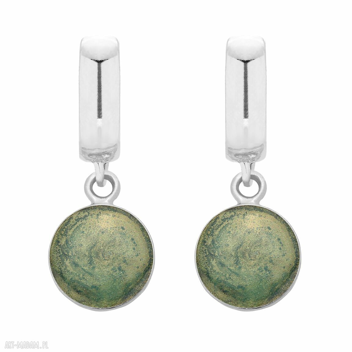 Srebrne kolczyki zieloną żywicą okrągłe wiszące eleganckie