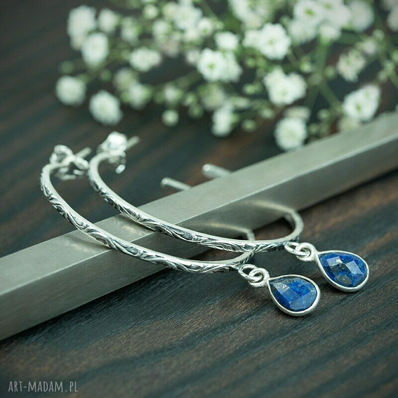 Srebrne kolczyki koła z lapis lazuli - boho sztyfty 925