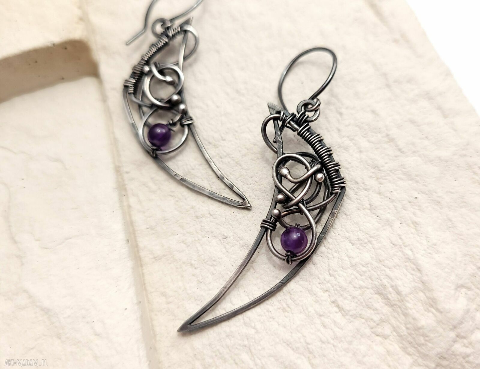 Srebrne kolczyki z ametystem - wire wrapping ze srebra 925 - ręcznie robione