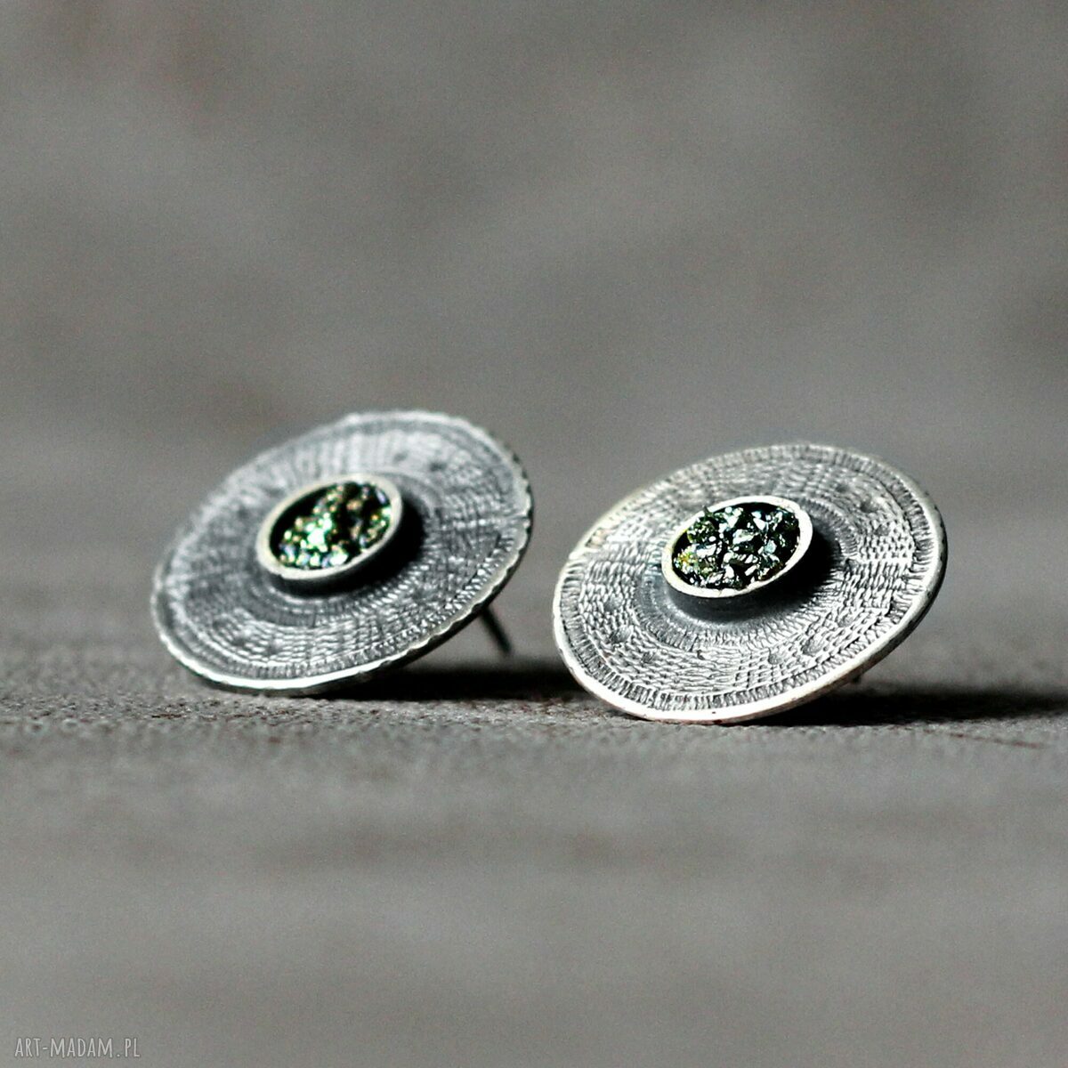 Srebrne kolczyki wkrętki z pirytęm - Azteckie Słońce (2 cm)