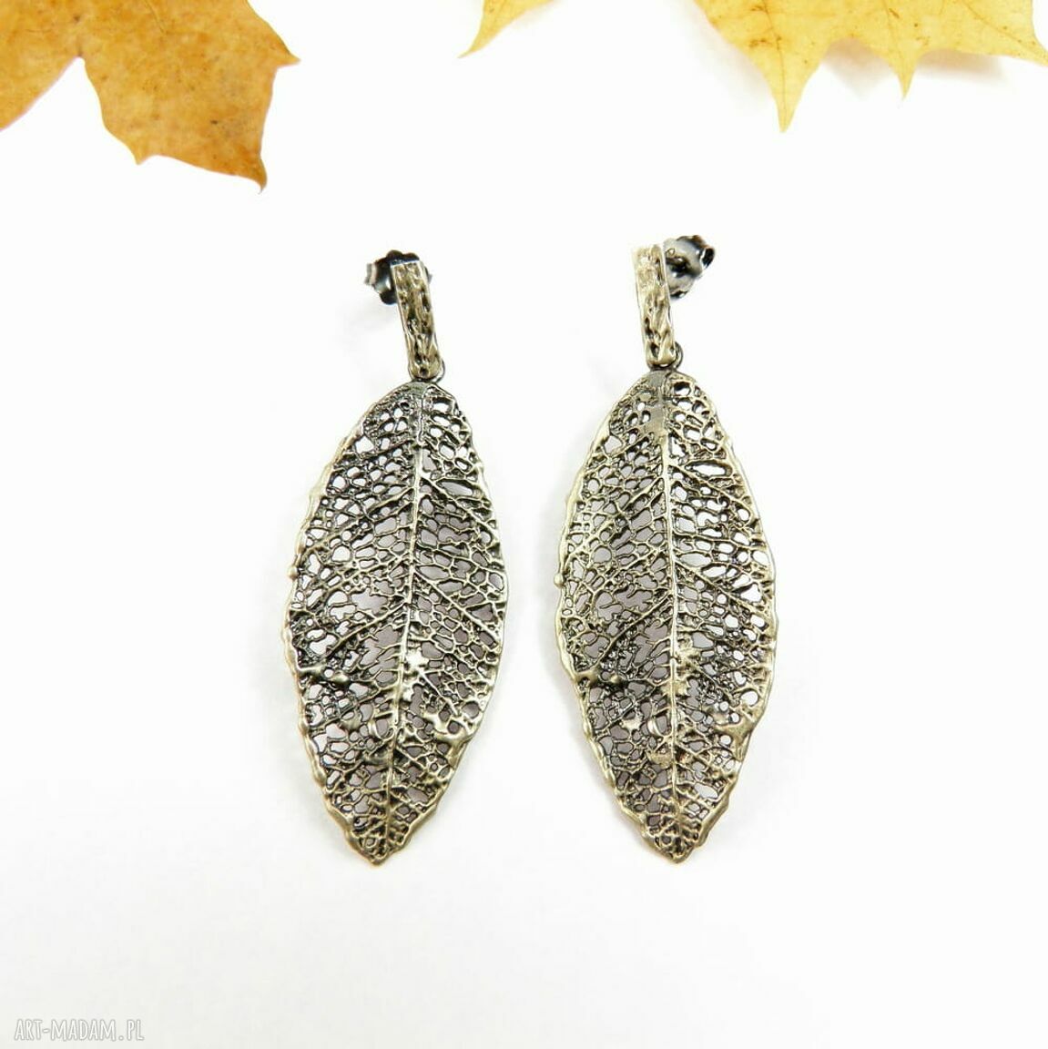 Kolczyki srebrne Liść L7 szary - ręcznie wykonane z próby 925