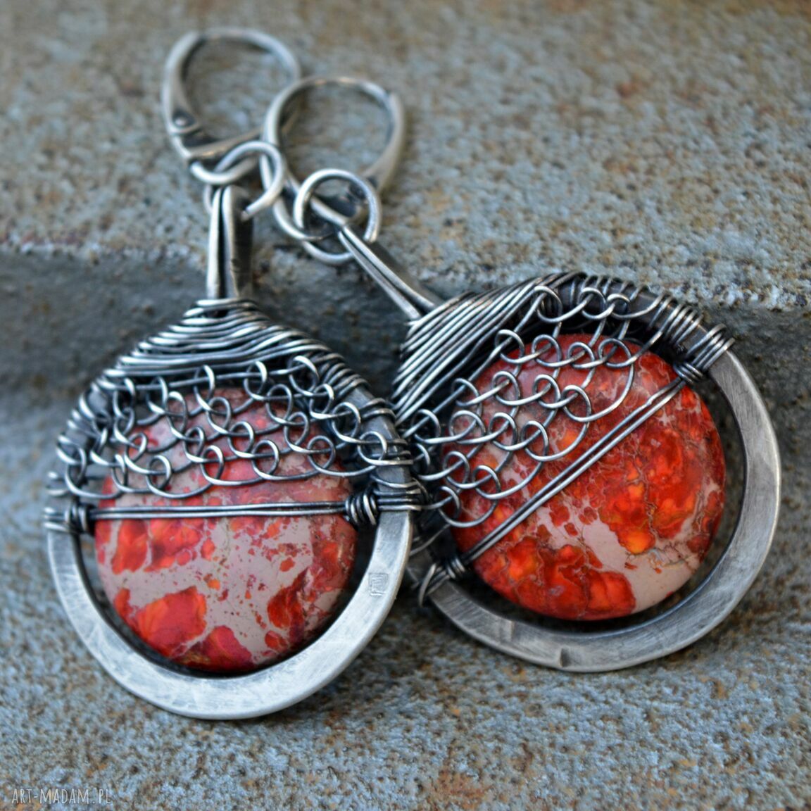 Srebrne kolczyki z jaspisem królewskim - oksydowane, ręcznie robione wire wrapping
