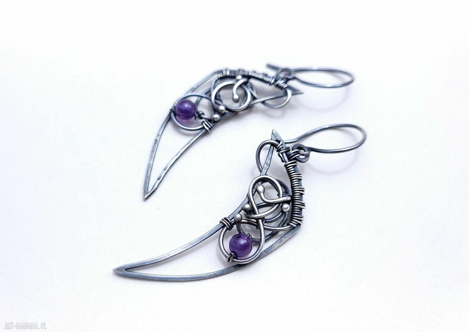 Srebrne kolczyki z ametystem - wire wrapping ze srebra 925 - ręcznie robione