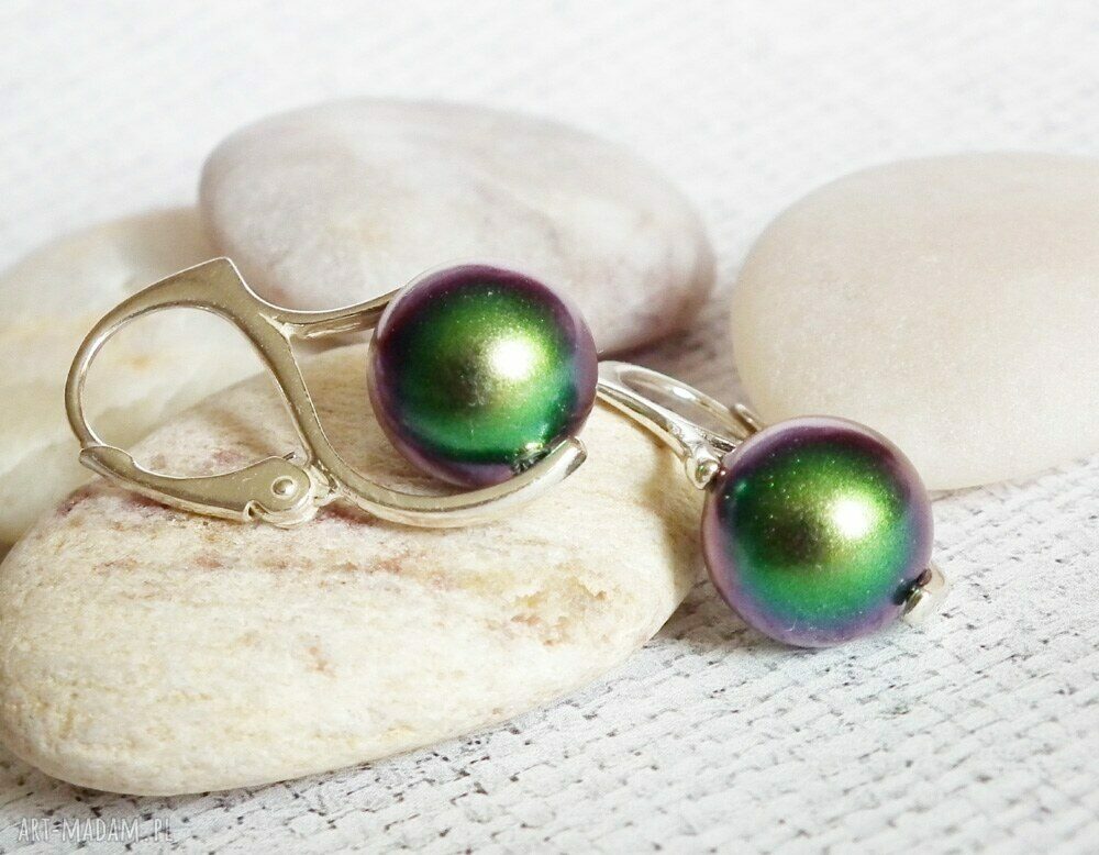 Srebrne kolczyki Swarovski Scarabeus Green - srebro 925 i zielona perła