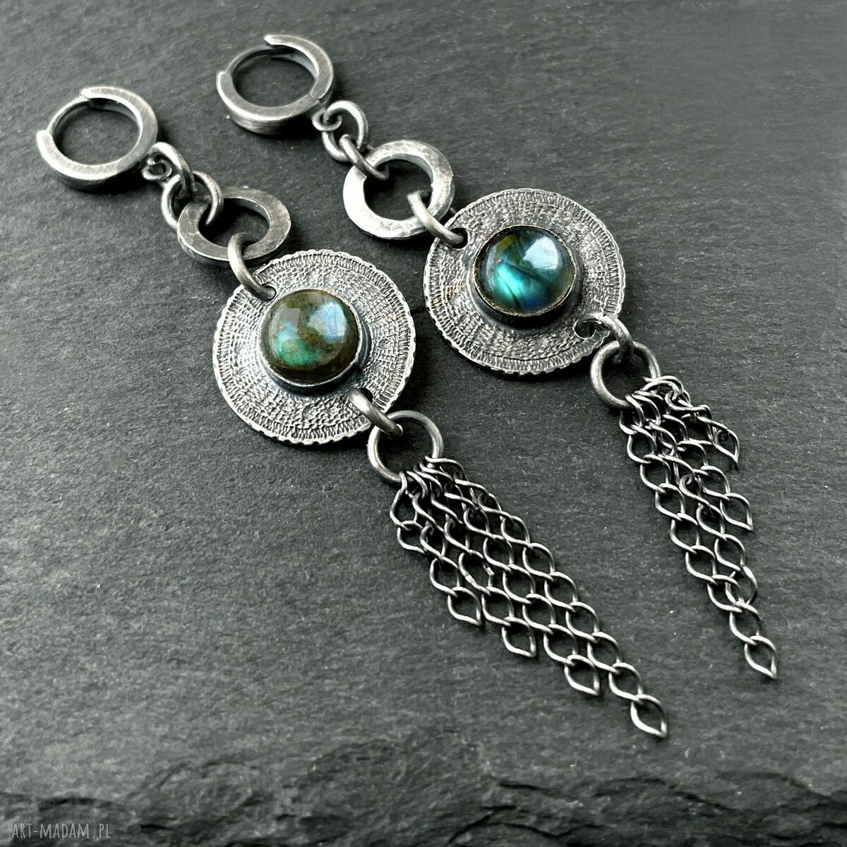 Srebrne kolczyki Tribal z naturalnym labradorytem - boho handmade