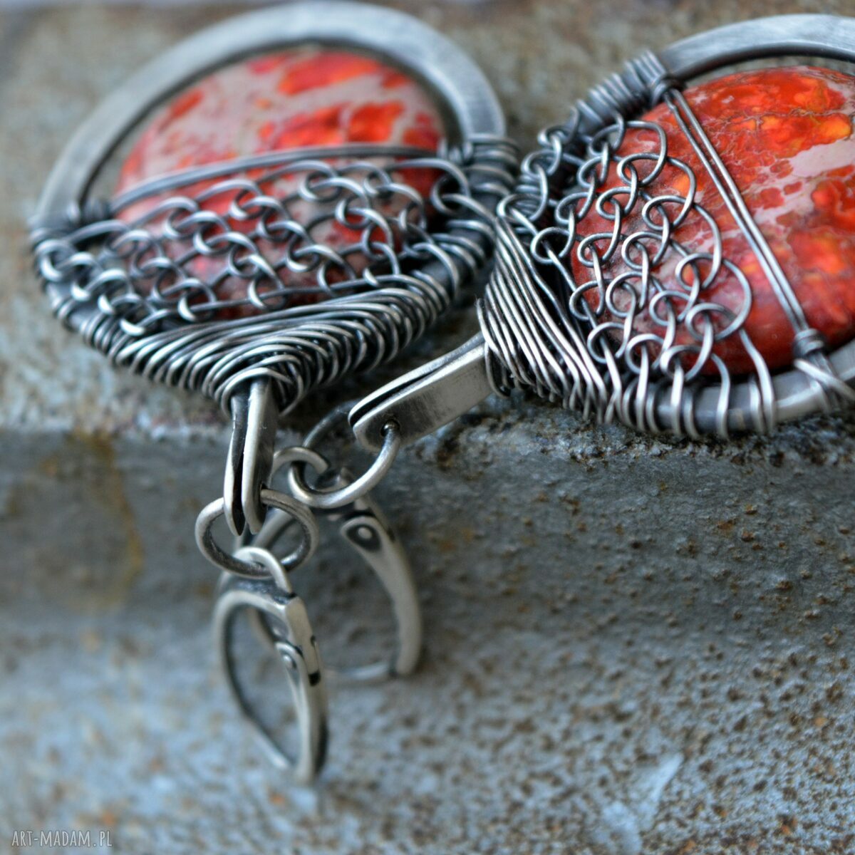 Srebrne kolczyki z jaspisem królewskim - oksydowane, ręcznie robione wire wrapping