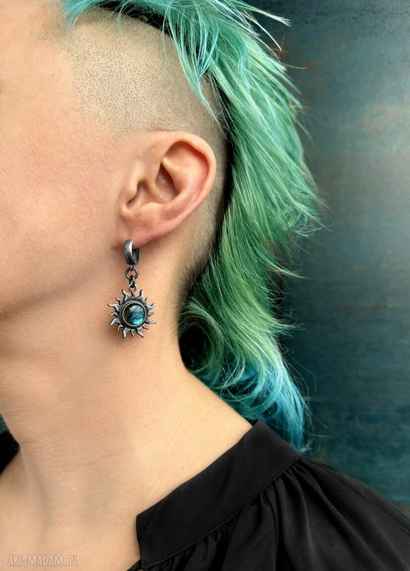 Srebrne kolczyki Symbol Słońca z labradorytem 11 mm (925) - oksydowane wiszące