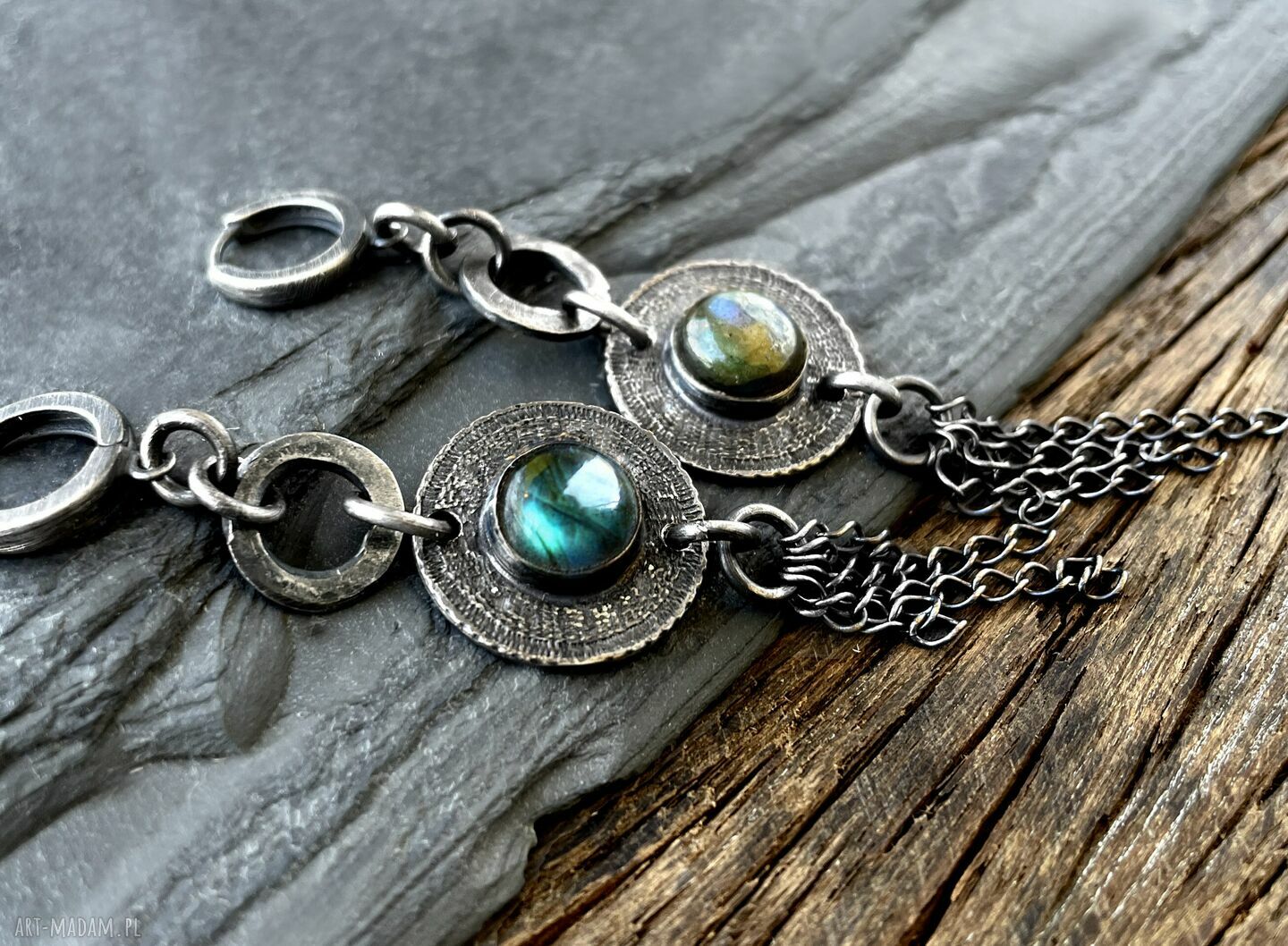 Srebrne kolczyki Tribal z naturalnym labradorytem - boho handmade