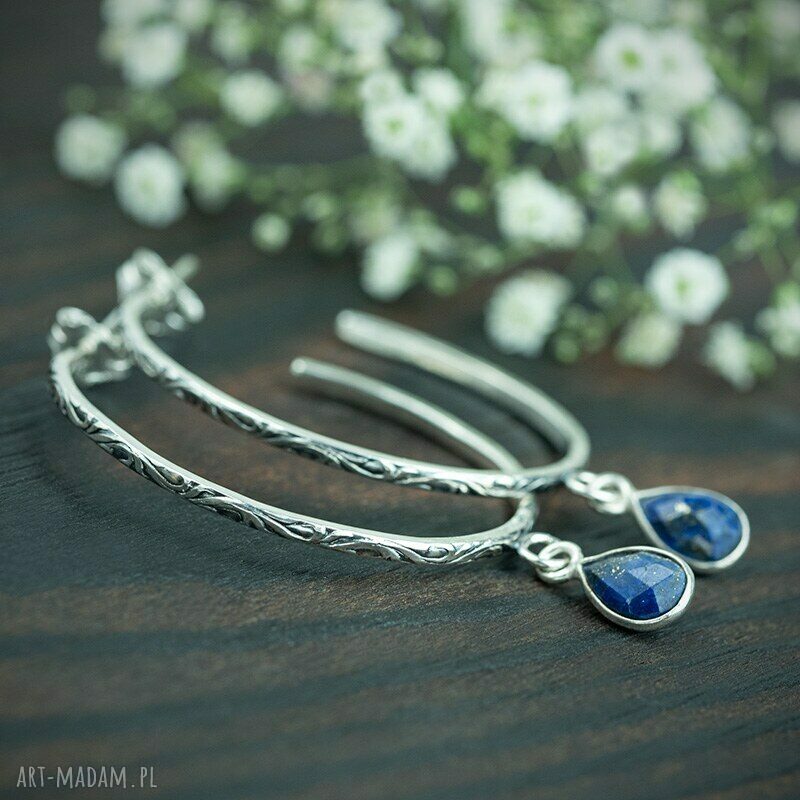 Srebrne kolczyki koła z lapis lazuli - boho sztyfty 925
