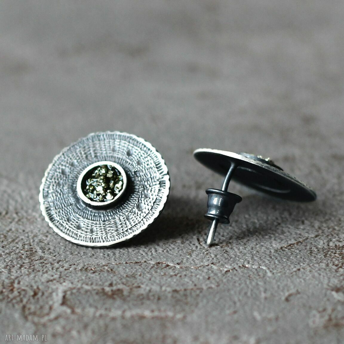 Srebrne kolczyki wkrętki z pirytęm - Azteckie Słońce (2 cm)