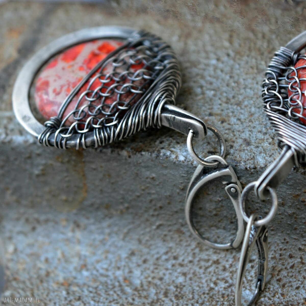 Srebrne kolczyki z jaspisem królewskim - oksydowane, ręcznie robione wire wrapping