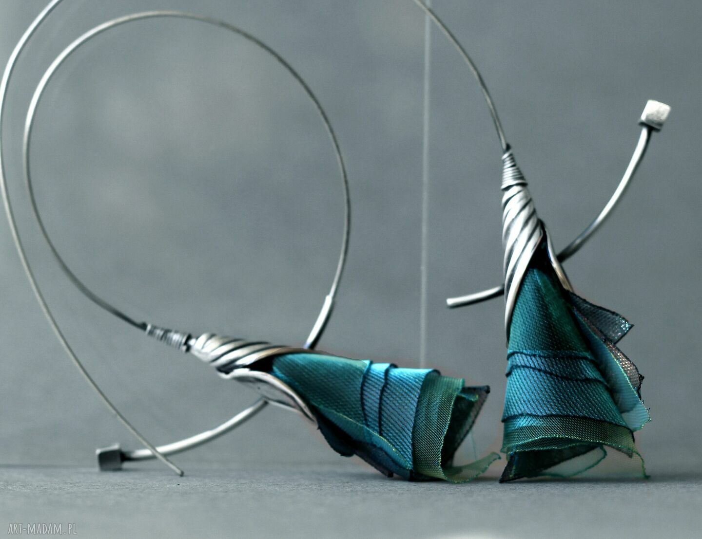 Srebrne kolczyki koła teal green - oksydowane 925 i organza jedwabna