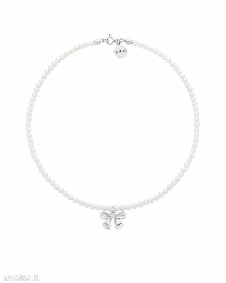 Srebrny naszyjnik z białych pereł Swarovski i kryształem - kokardka