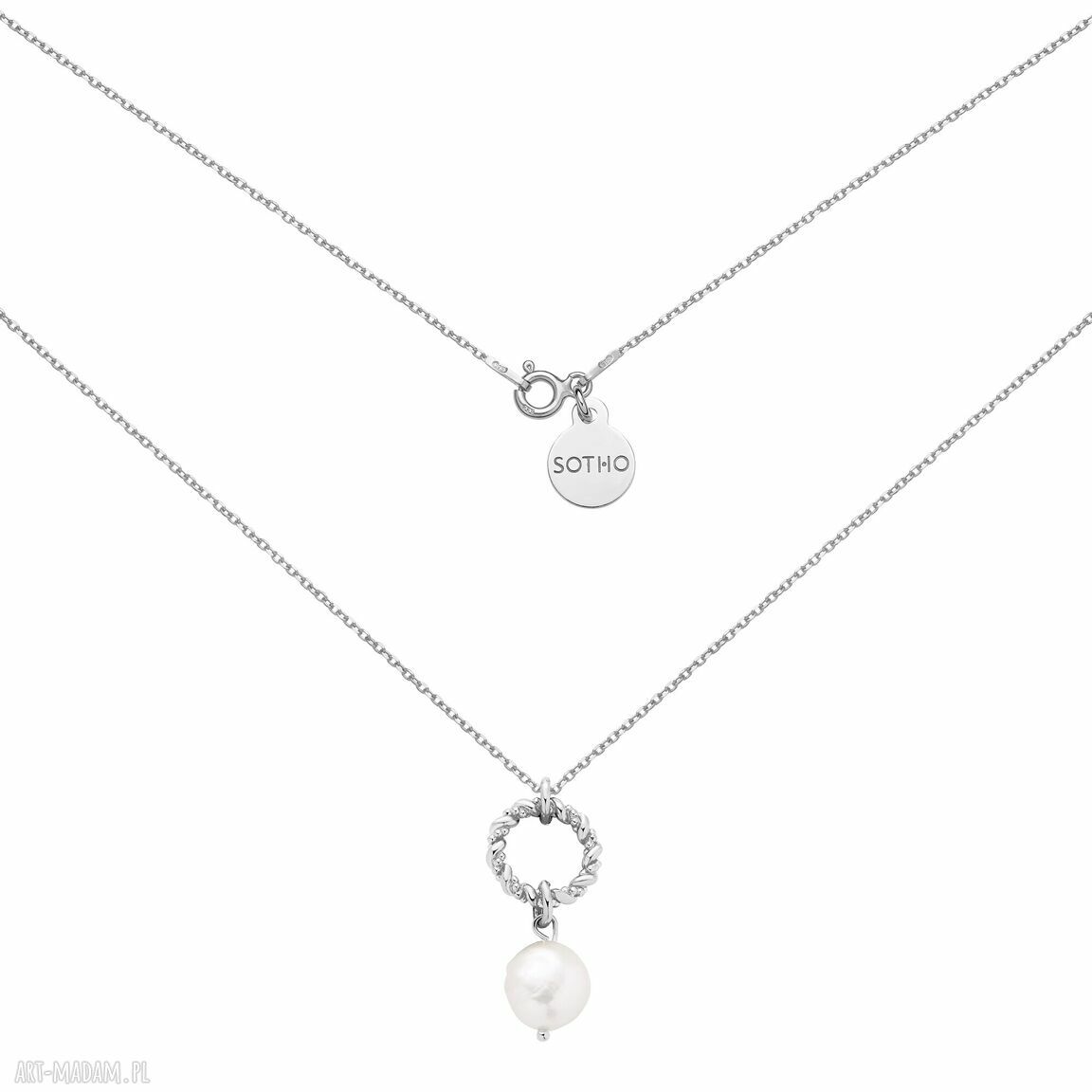Srebrny naszyjnik ozdobnym kółeczkiem naturalną perłą łańcuszek