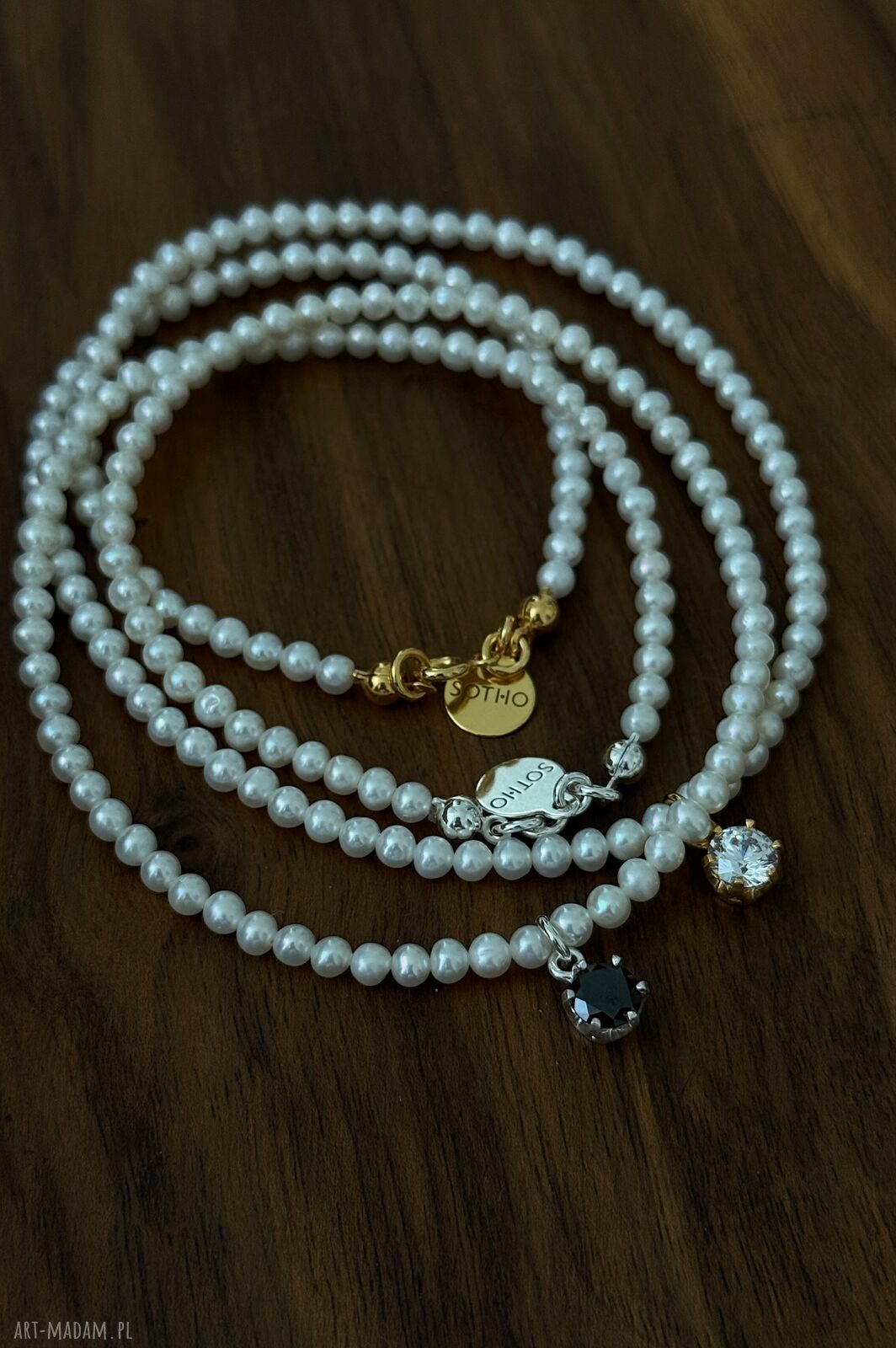 naszyjniki: Srebrny naszyjnik z pereł naturalnych z czarną cyrkonią HandMade