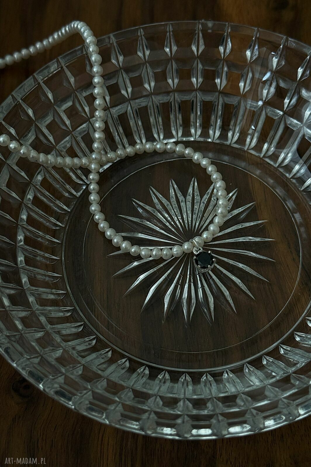 naszyjniki: Srebrny naszyjnik z pereł naturalnych z czarną cyrkonią HandMade