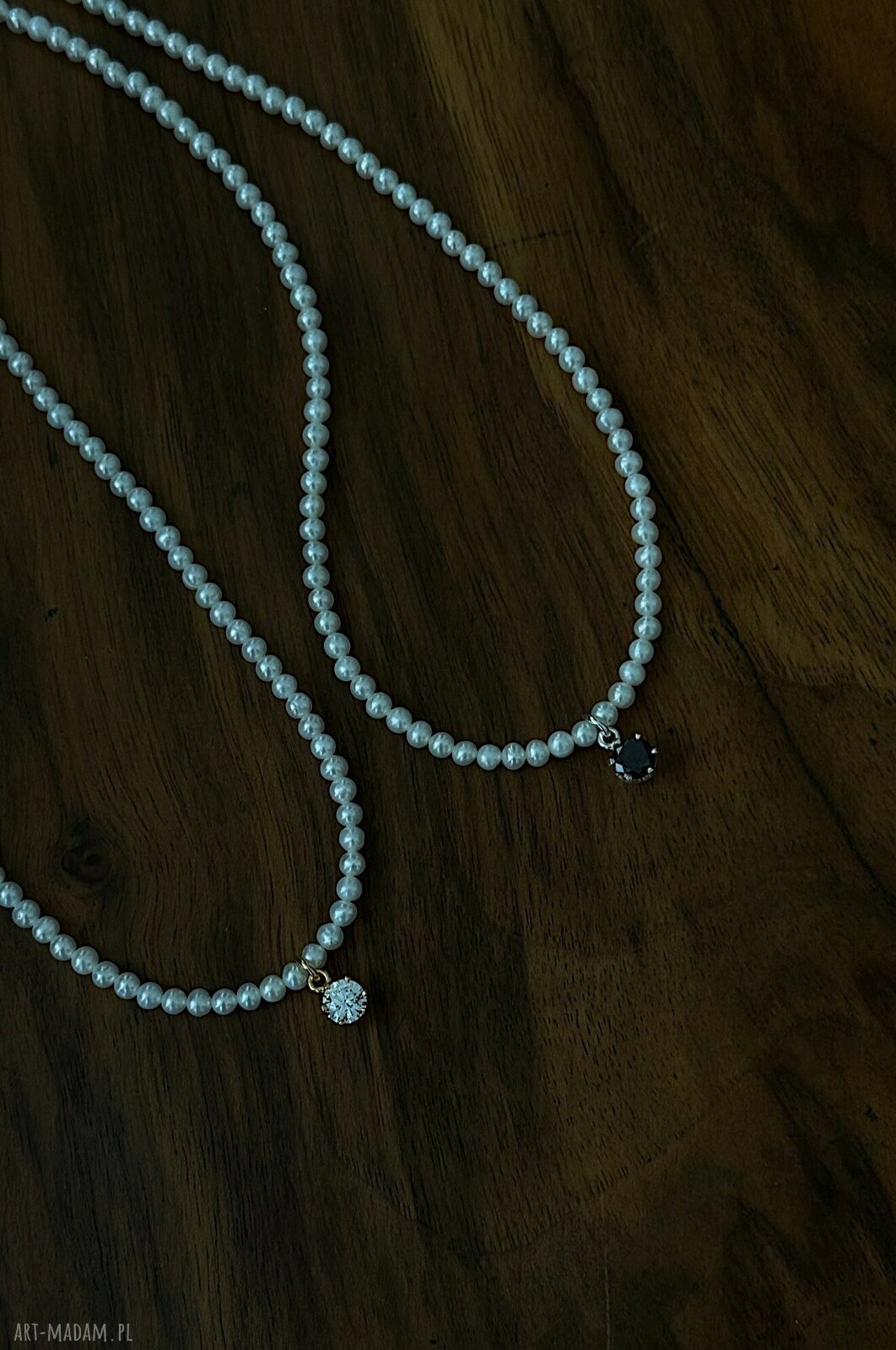 naszyjniki: Srebrny naszyjnik z pereł naturalnych z czarną cyrkonią HandMade