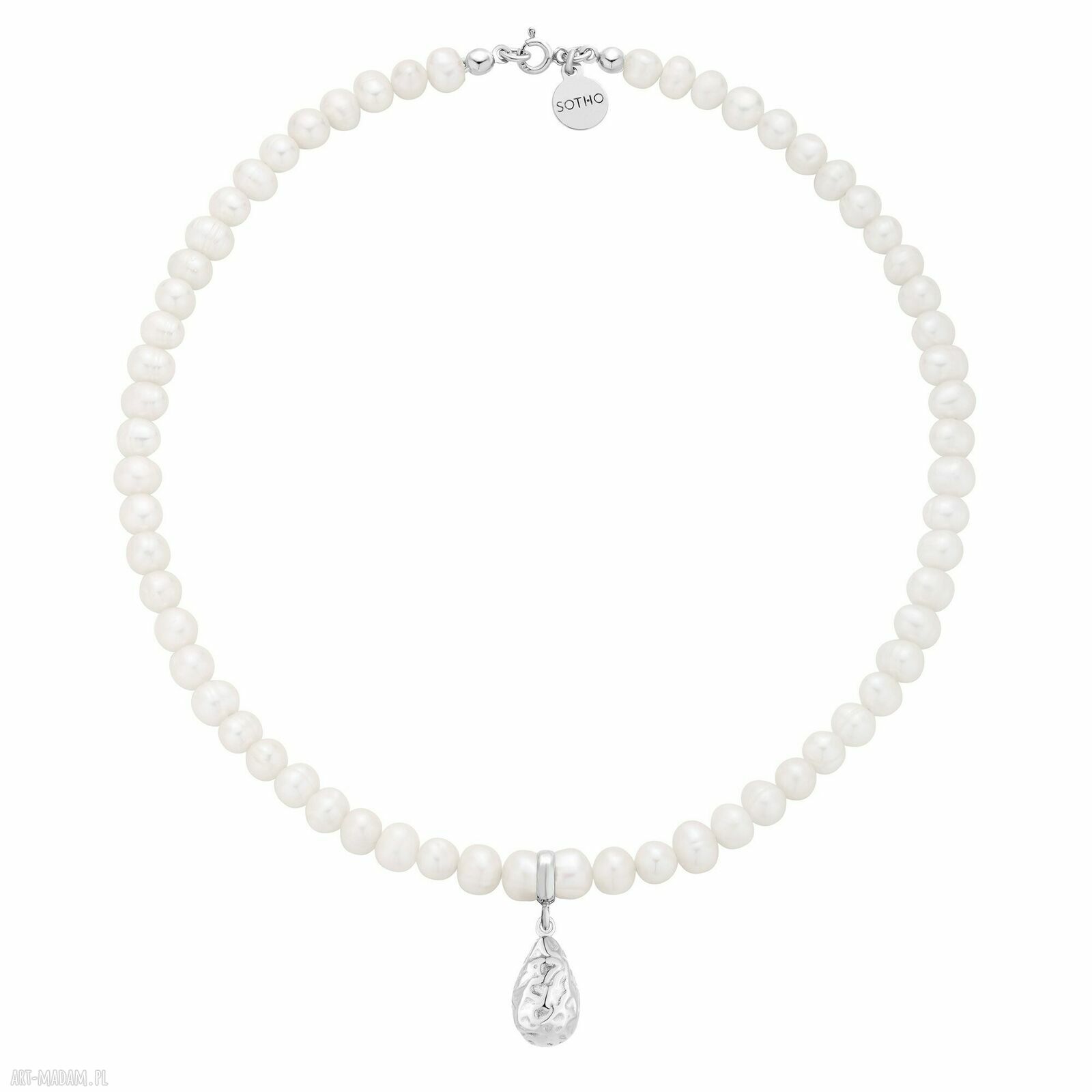 Srebrny naszyjnik pereł naturalnych gniecioną kroplą perły