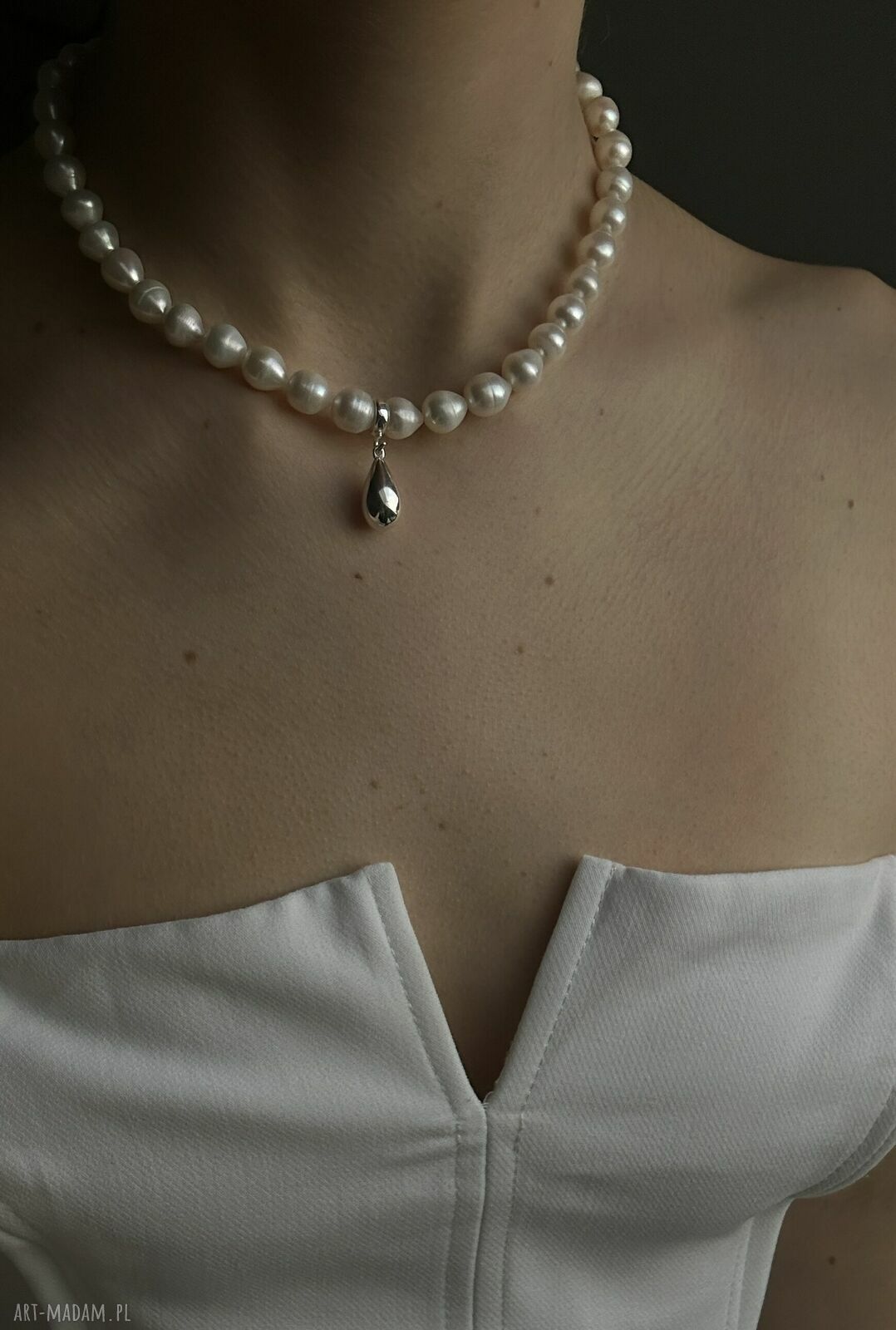 naszyjniki: Srebrny naszyjnik z pereł naturalnych z kroplą hand made